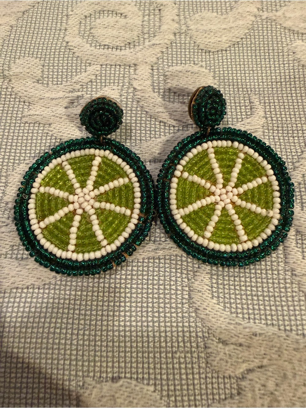 Beaded Lime Slice Statement Earrings - Green & White
